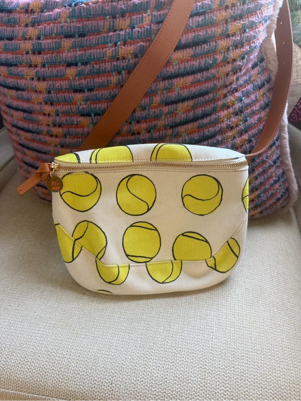 Clare V. Canvas Crossbody Bag with Yellow Tennis Ball Print. leather strap.